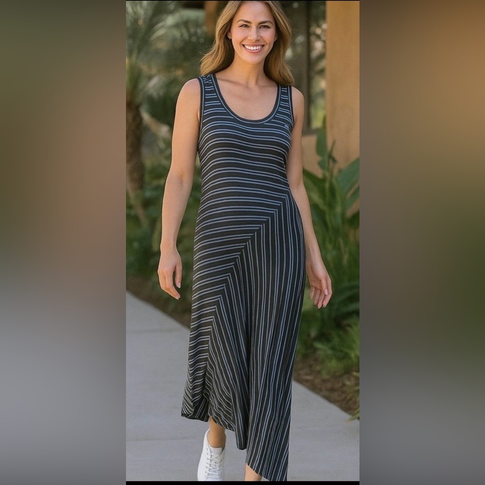 CAbi Asymmetrical Dia Tank Dress w Blue & Black Stripes Style #5796 Size Small